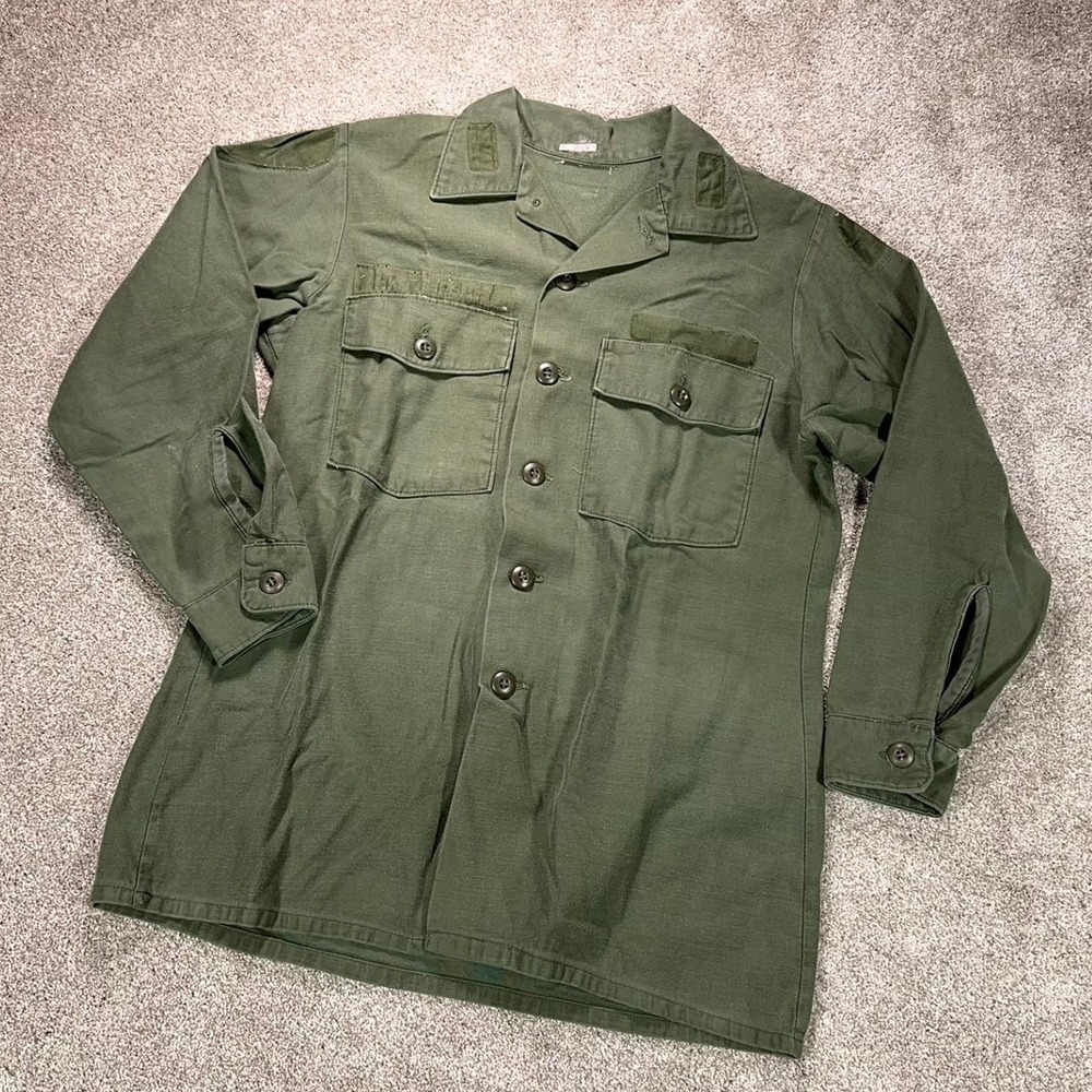 VTG 70s US Army Utility Shirt Military OG-107 Field Cotton Fatigue Distressed S